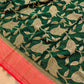 Bottle Green Pure Georgette Handloom Banarasi Saree with Red Contrast Border