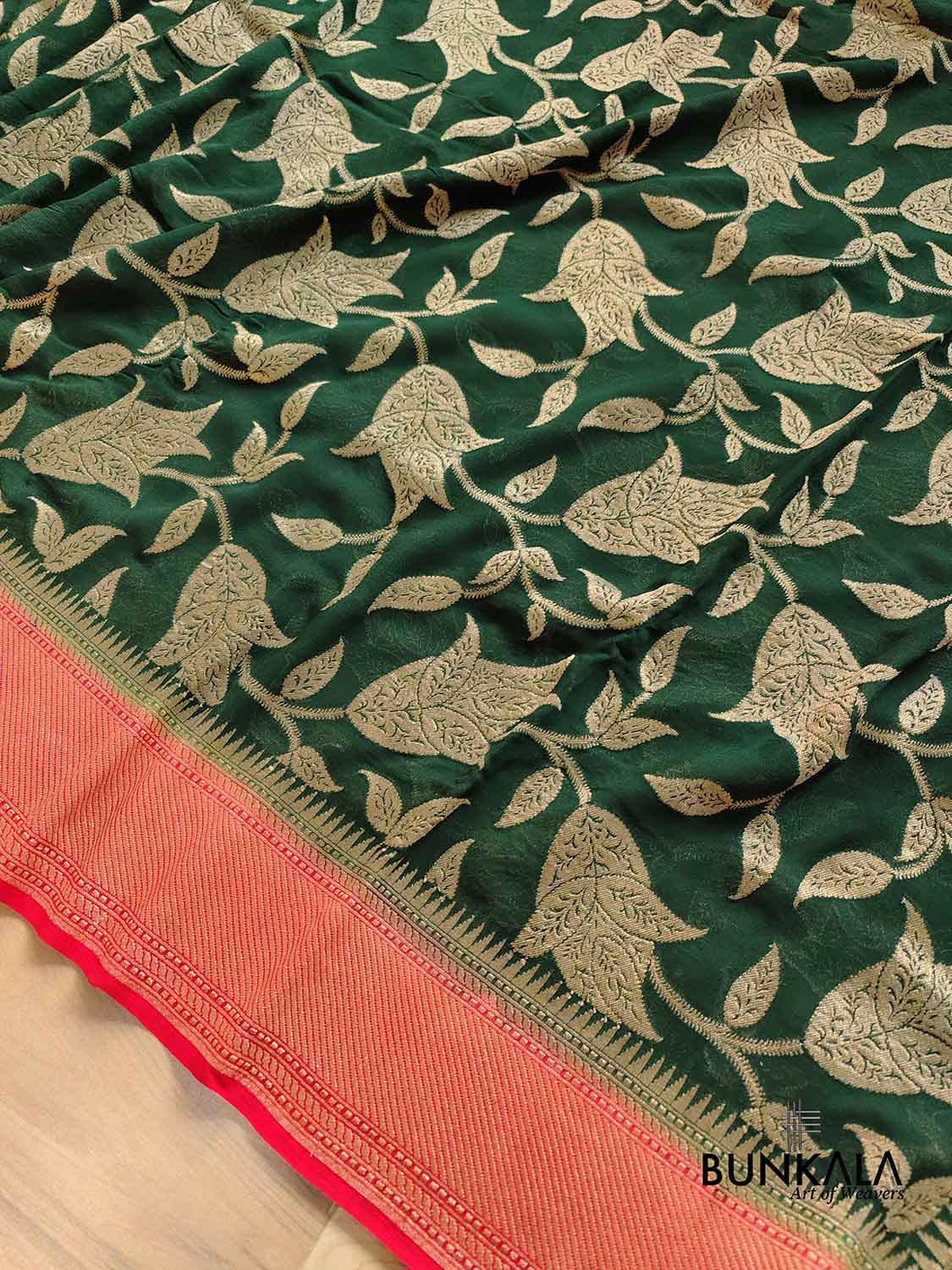 Bottle Green Pure Georgette Handloom Banarasi Saree with Red Contrast Border