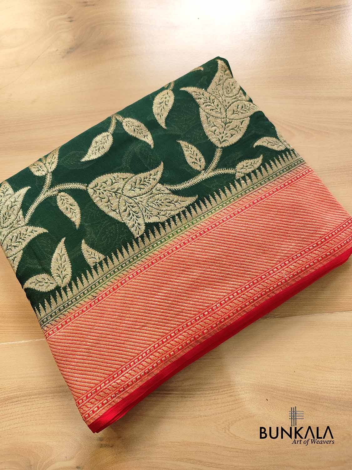 Bottle Green Pure Georgette Handloom Banarasi Saree with Red Contrast Border