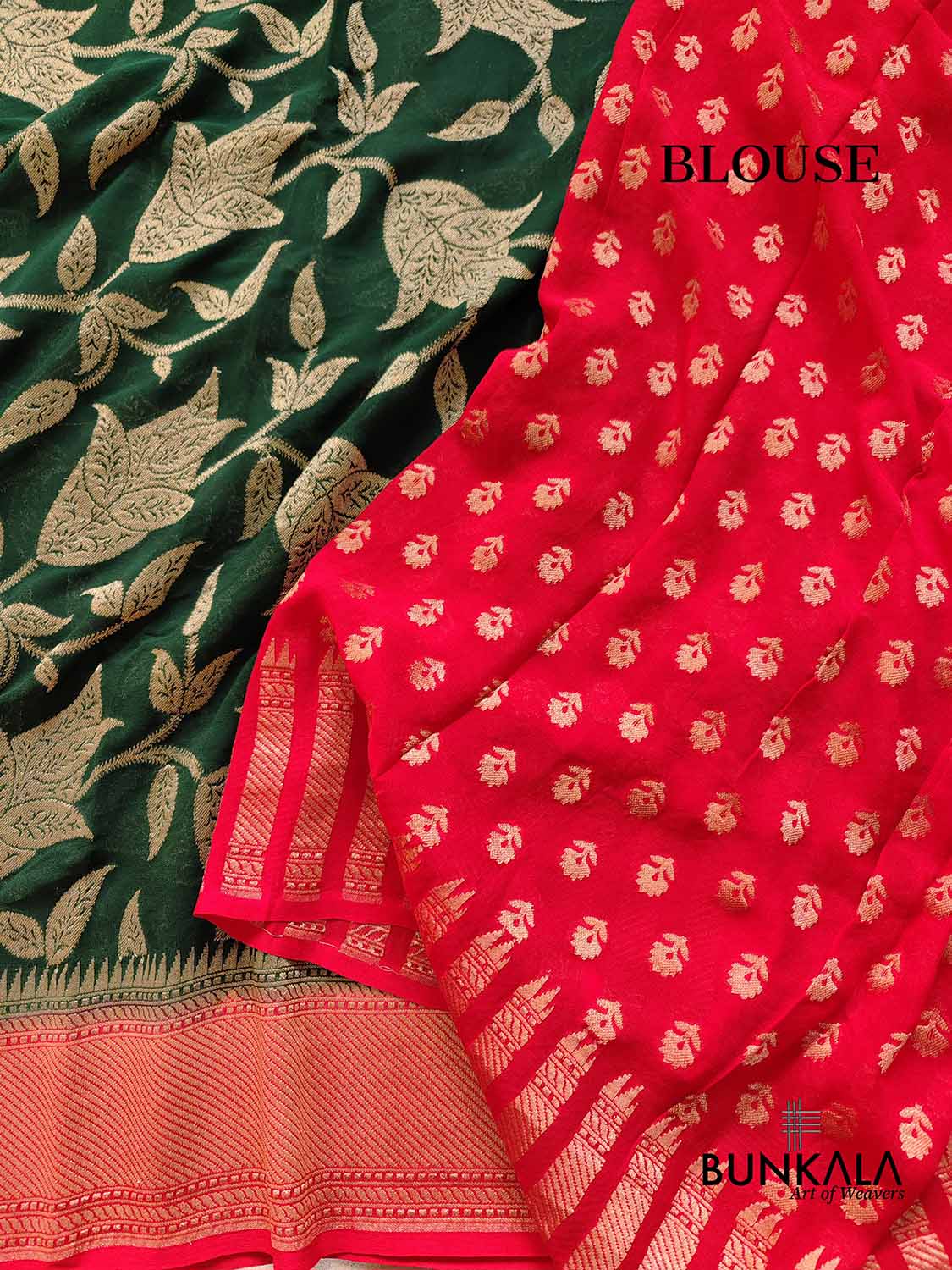 Bottle Green Pure Georgette Handloom Banarasi Saree with Red Contrast Border