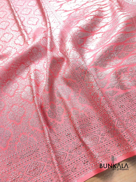 Peach Pink Mashru Silk Silver Zari Brocade Weaved Banarasi Saree