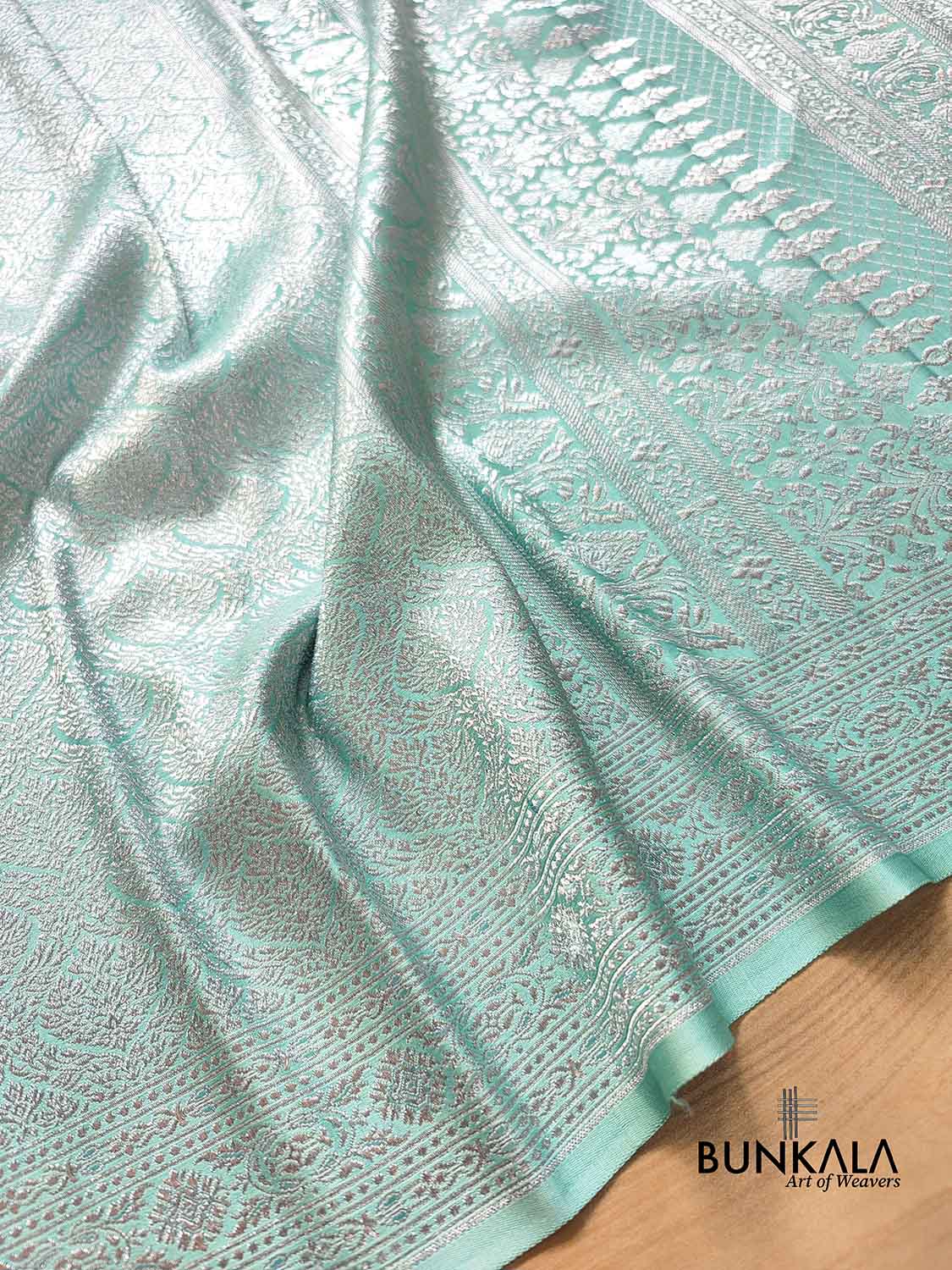 Aqua Blue Mashru Silk Silver Zari Brocade Weaved Banarasi Saree