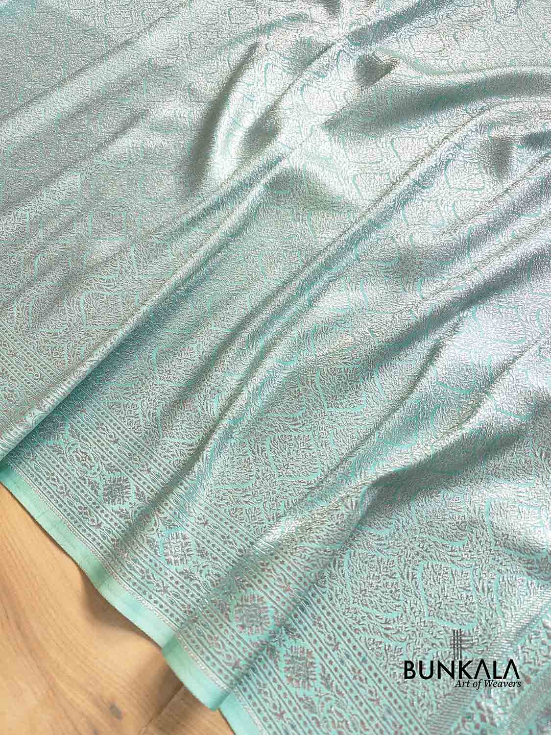 Aqua Blue Mashru Silk Silver Zari Brocade Weaved Banarasi Saree