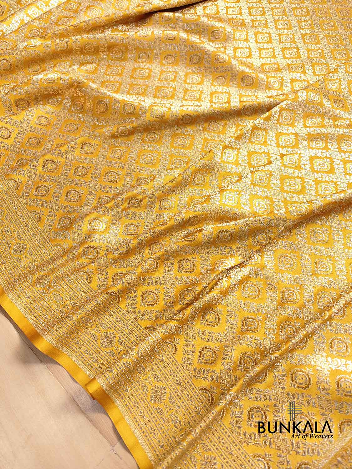Mustard Yellow Mashru Silk Gold Zari Banarasi Saree