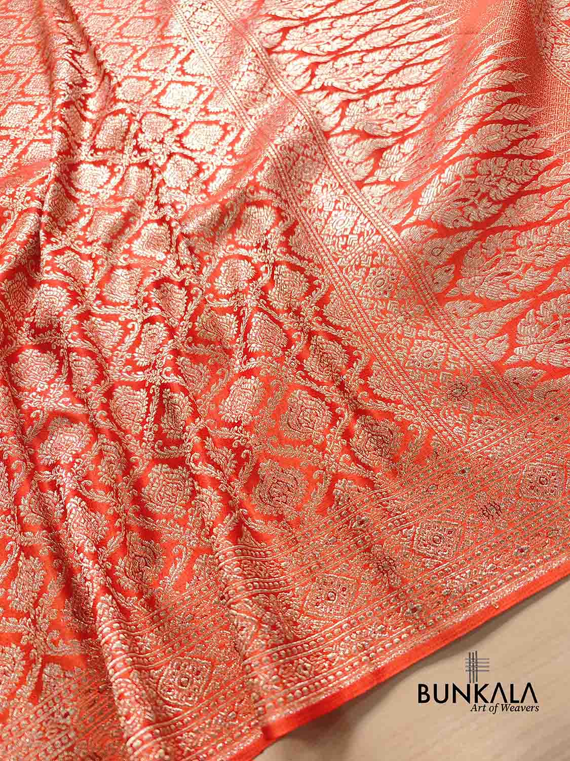 Bright Orange Mashru Silk Gold Zari Brocade Weaved Banarasi Saree