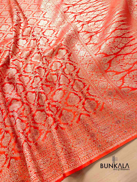 Bright Orange Mashru Silk Gold Zari Brocade Weaved Banarasi Saree