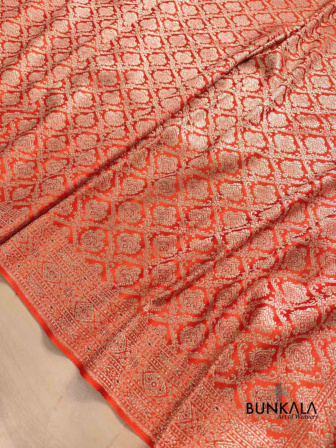 Bright Orange Mashru Silk Gold Zari Brocade Weaved Banarasi Saree