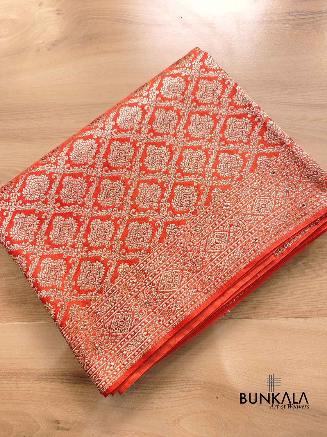 Bright Orange Mashru Silk Gold Zari Brocade Weaved Banarasi Saree