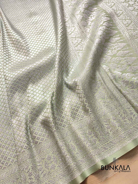 English Light Green Mashru Silk Silver Zari Brocade Weaved Banarasi Saree