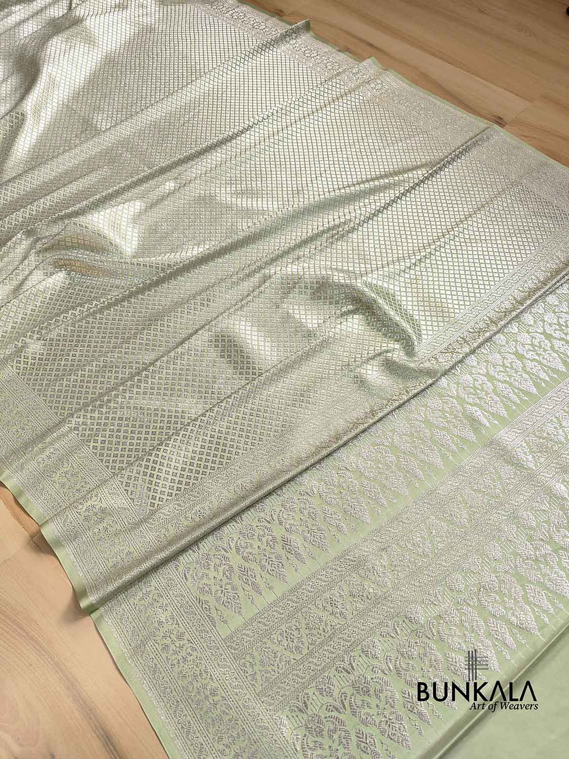 English Light Green Mashru Silk Silver Zari Brocade Weaved Banarasi Saree