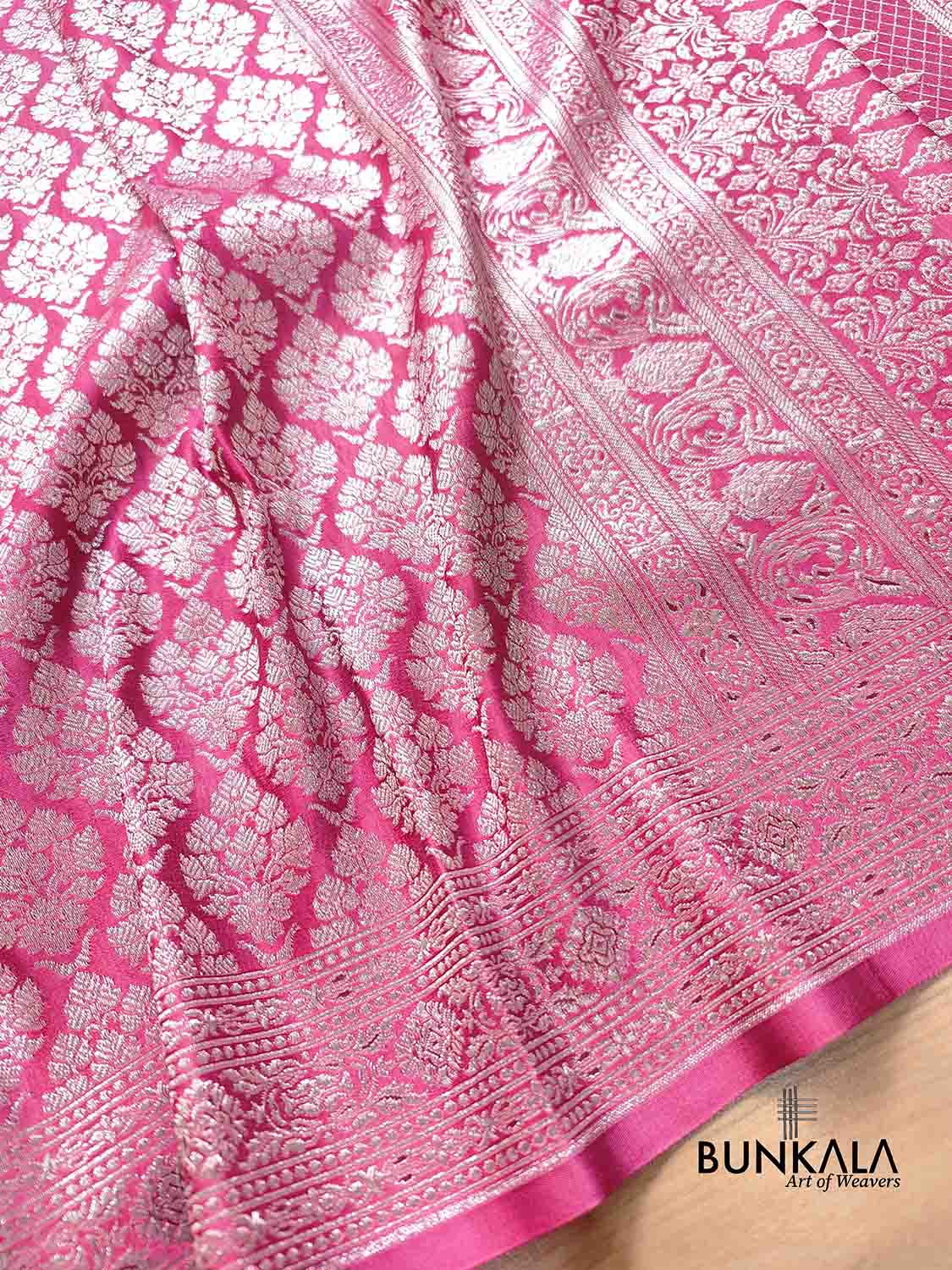 Gajri Pink Mashru Silk Silver Zari Brocade Weaved Banarasi Saree