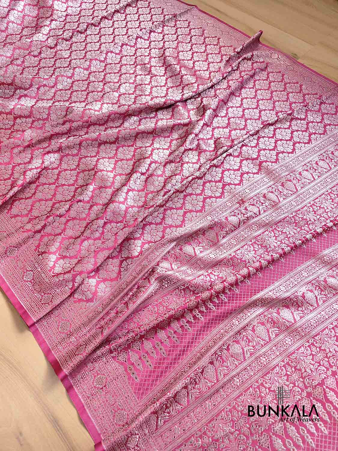 Gajri Pink Mashru Silk Silver Zari Brocade Weaved Banarasi Saree