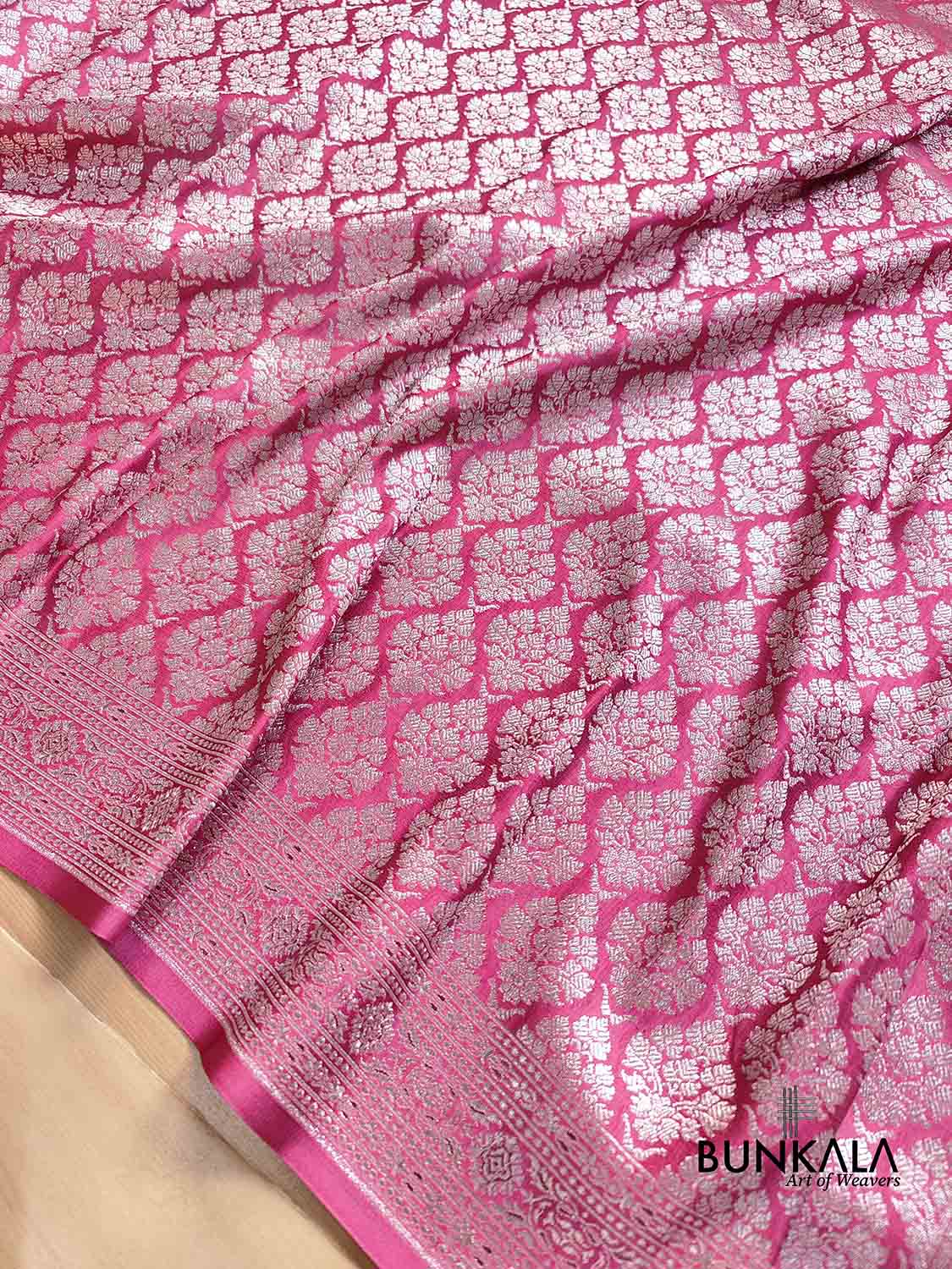 Gajri Pink Mashru Silk Silver Zari Brocade Weaved Banarasi Saree