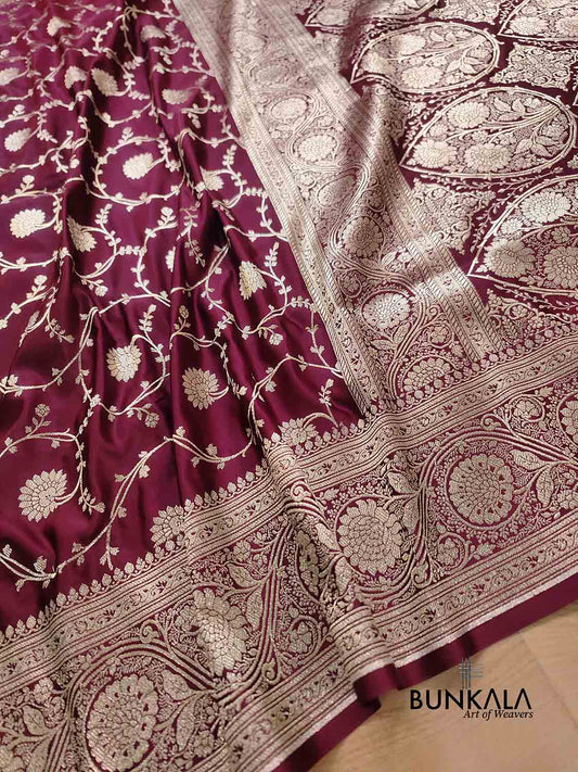 Bridal Dark Maroon Soft Mashru Silk Allover Floral Jaal Design Weaved Banarasi Saree