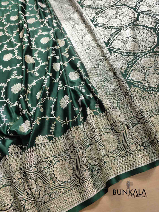 Emerald Green Soft Mashru Silk Allover Floral Jaal Design Weaved Banarasi Saree