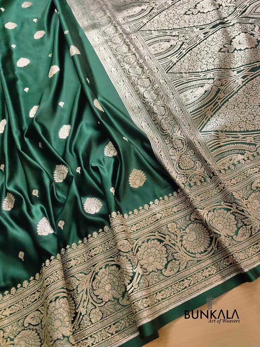 Bottle Green Soft Mashru Silk Allover Small Buti Weaved Banarasi Saree