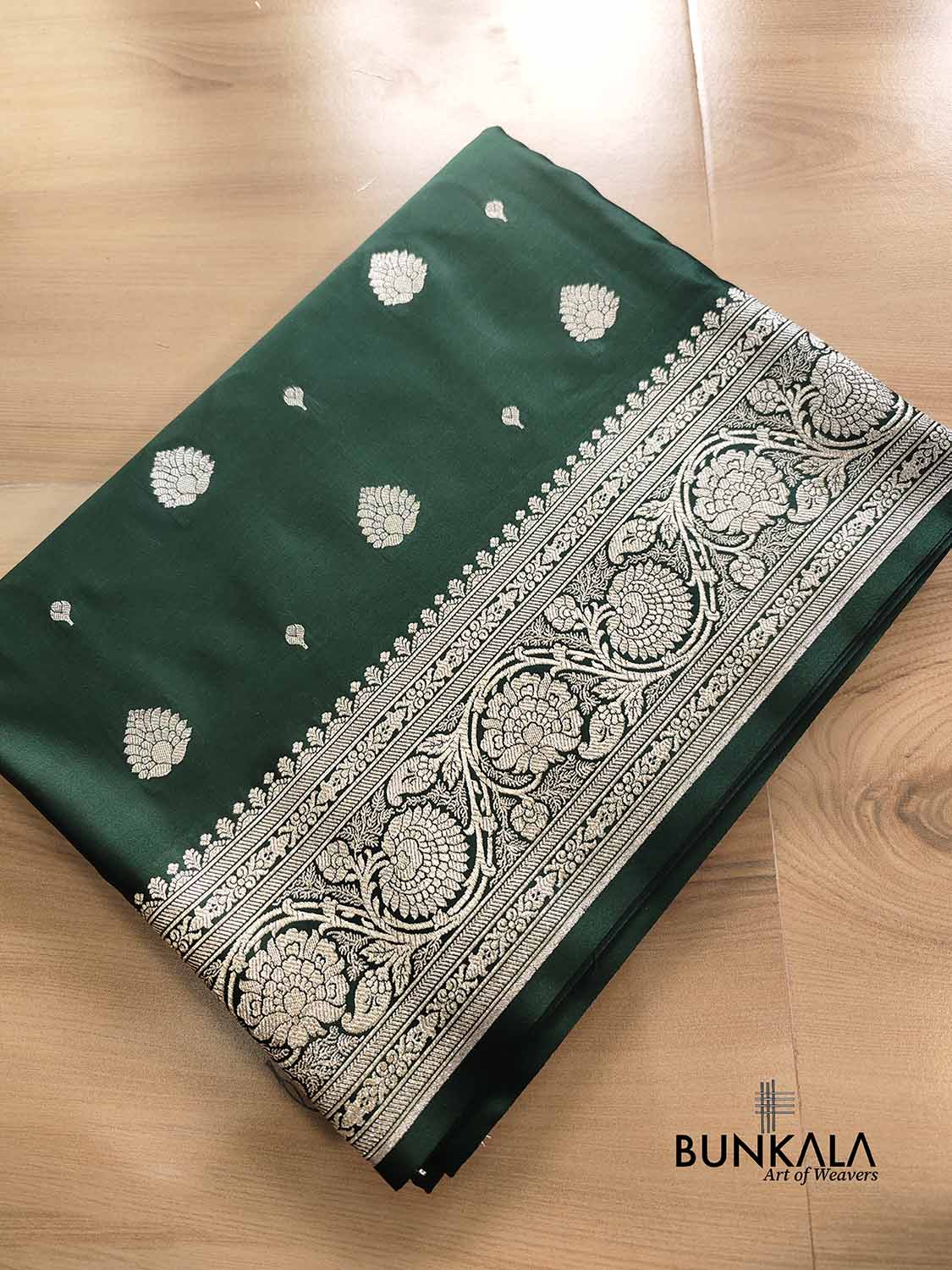 Bottle Green Soft Mashru Silk Allover Small Buti Weaved Banarasi Saree