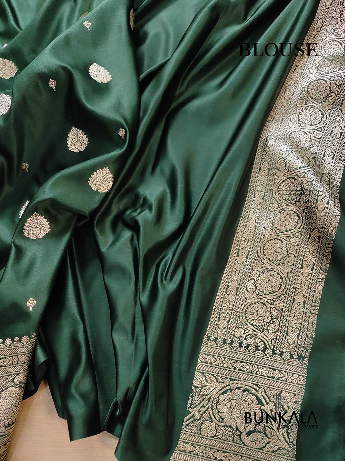 Bottle Green Soft Mashru Silk Allover Small Buti Weaved Banarasi Saree