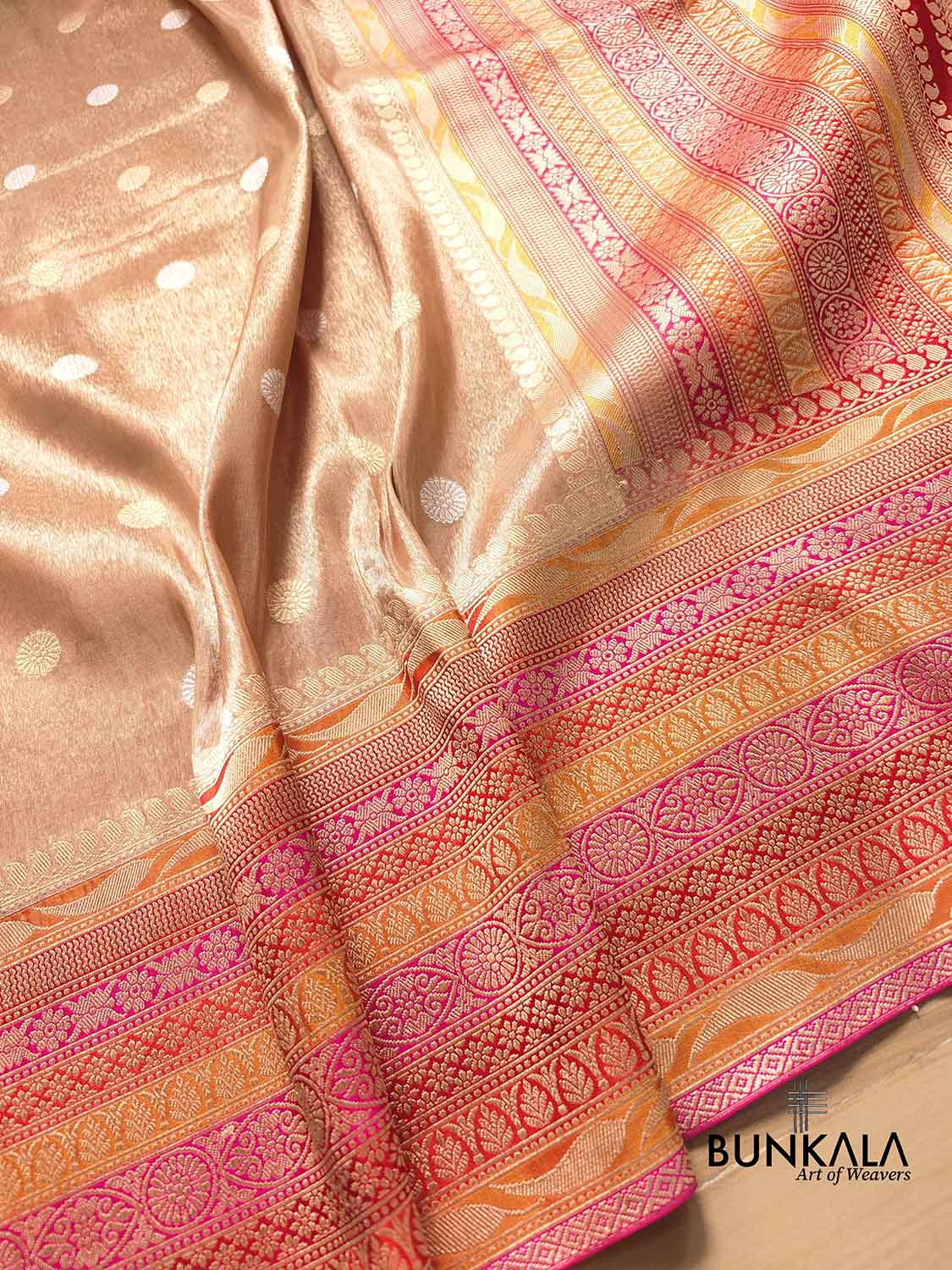 Beige Pure Tissue Katan Silk Kadwa Handweaved Allover Sona Rupa Small Buti with Multicolor Border Banarasi Saree