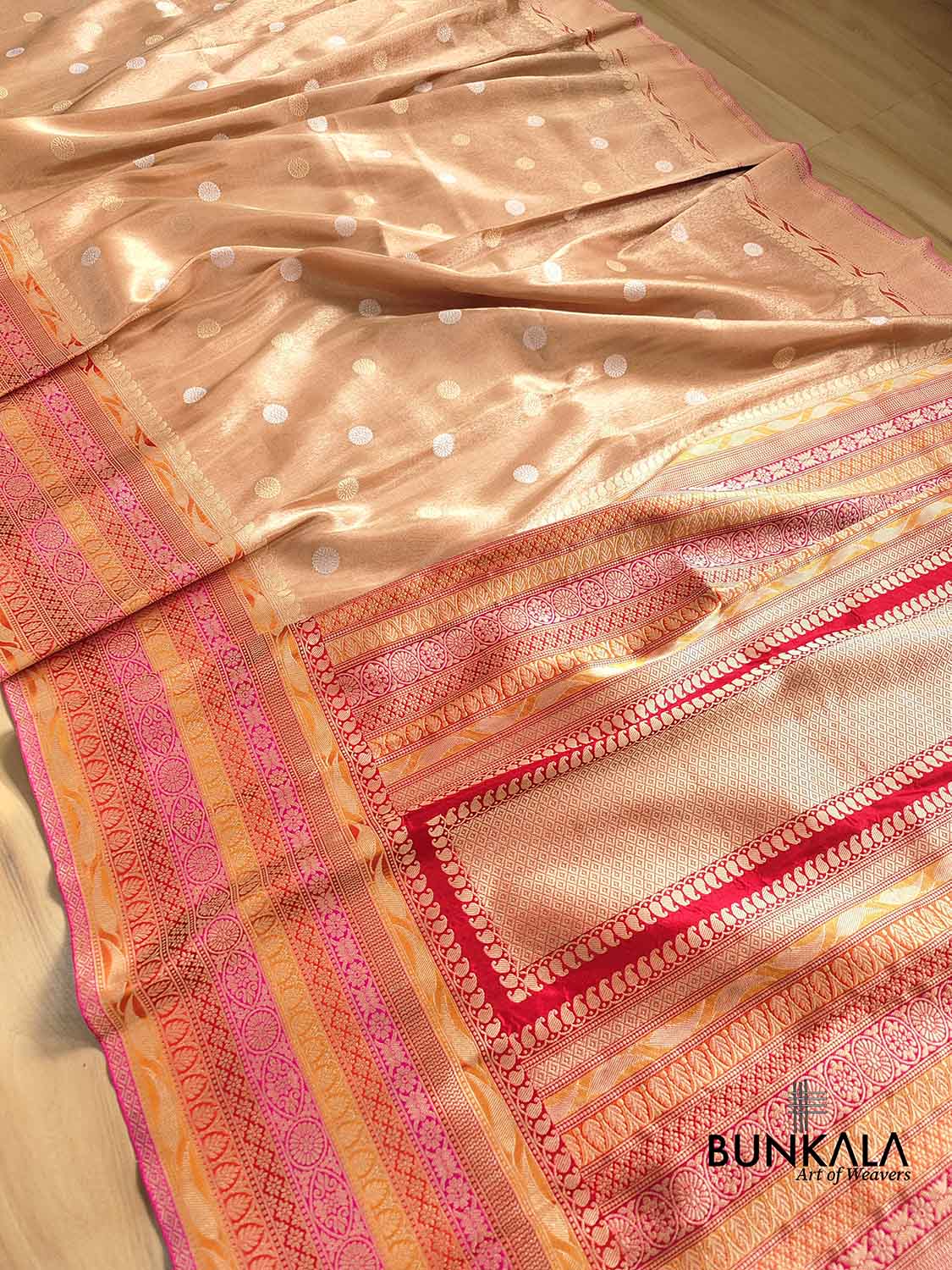 Beige Pure Tissue Katan Silk Kadwa Handweaved Allover Sona Rupa Small Buti with Multicolor Border Banarasi Saree