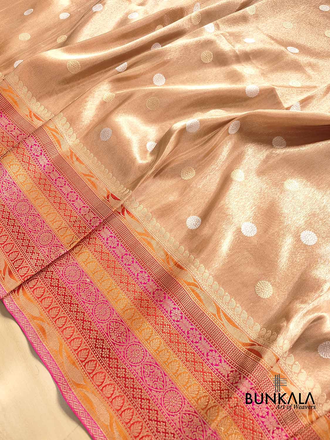 Beige Pure Tissue Katan Silk Kadwa Handweaved Allover Sona Rupa Small Buti with Multicolor Border Banarasi Saree