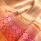 Beige Pure Tissue Katan Silk Kadwa Handweaved Allover Sona Rupa Small Buti with Multicolor Border Banarasi Saree