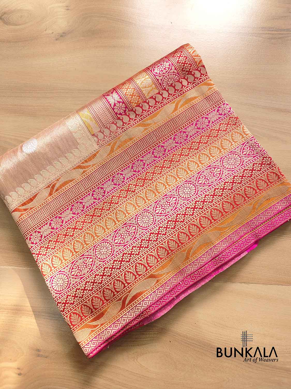 Beige Pure Tissue Katan Silk Kadwa Handweaved Allover Sona Rupa Small Buti with Multicolor Border Banarasi Saree