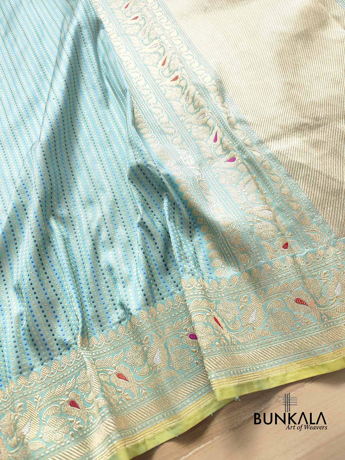 Ice Blue Geometrical Design Resham Tanchui Body Pure Katan Silk Handloom Meenakari Border and Pallu Banarasi Saree