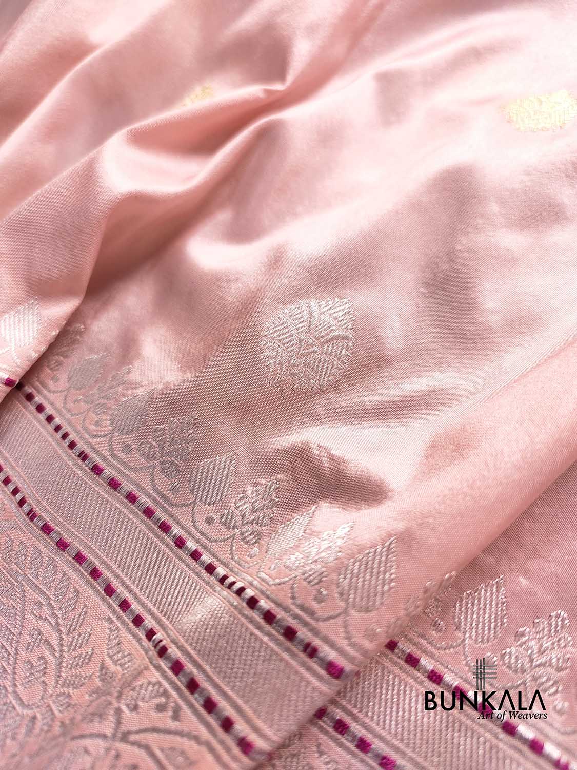 Light Nude Pink Pure Katan Silk Allover Small Gold and Silver Zari Buti Kadwa Handweaved Banarasi Saree