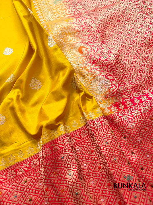 Bright Yellow Pure Katan Silk Double Tana Handloom Banarasi Saree with Red Contrast Meenakari Border