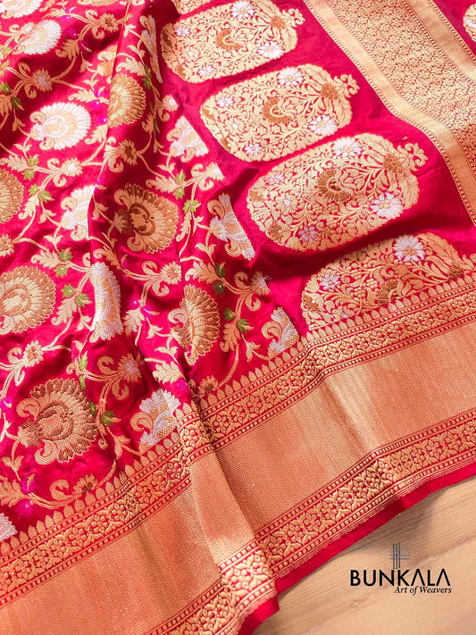 Reddish Pink Two Tone Color Pure Katan Silk Floral Design Meenakari Sona Rupa Handloom Banarasi Saree