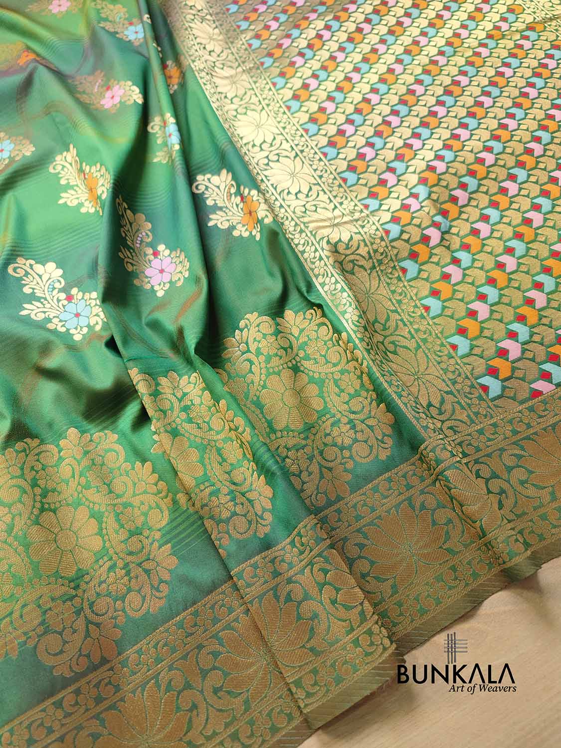 Green Two Tone Allover Buta Meenakari Silk Banarasi Saree