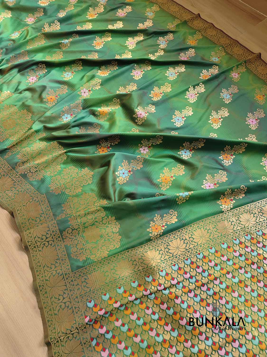 Green Two Tone Allover Buta Meenakari Silk Banarasi Saree