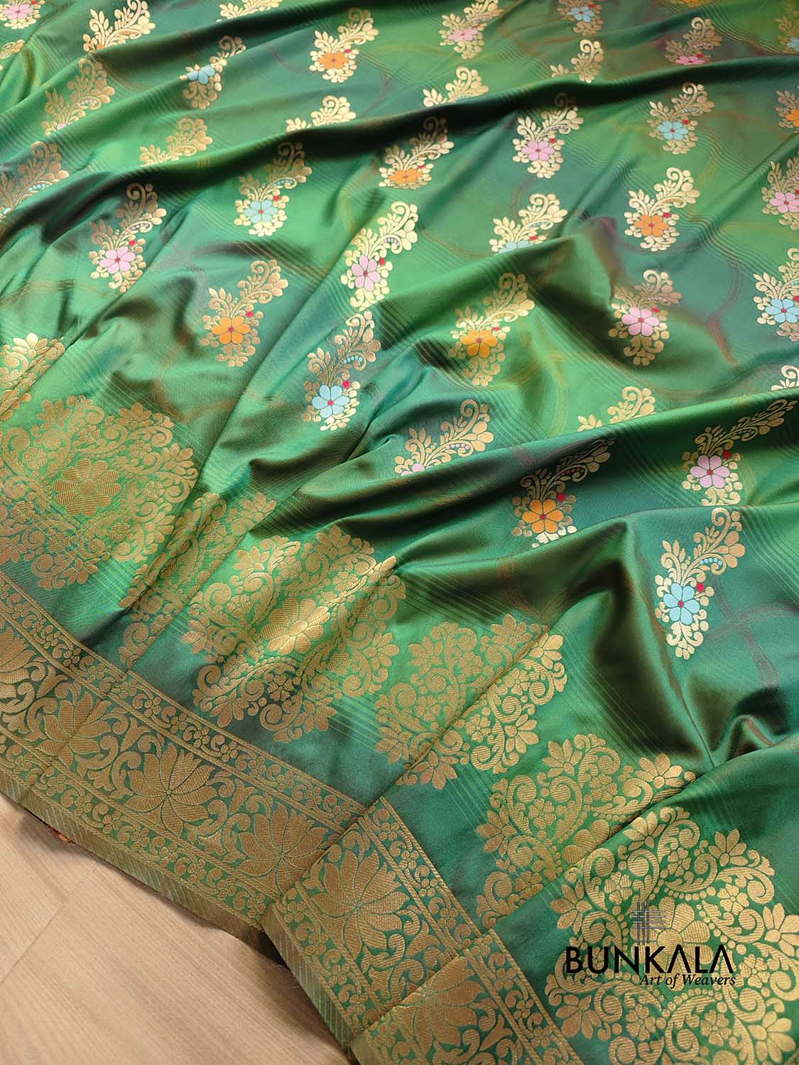 Green Two Tone Allover Buta Meenakari Silk Banarasi Saree