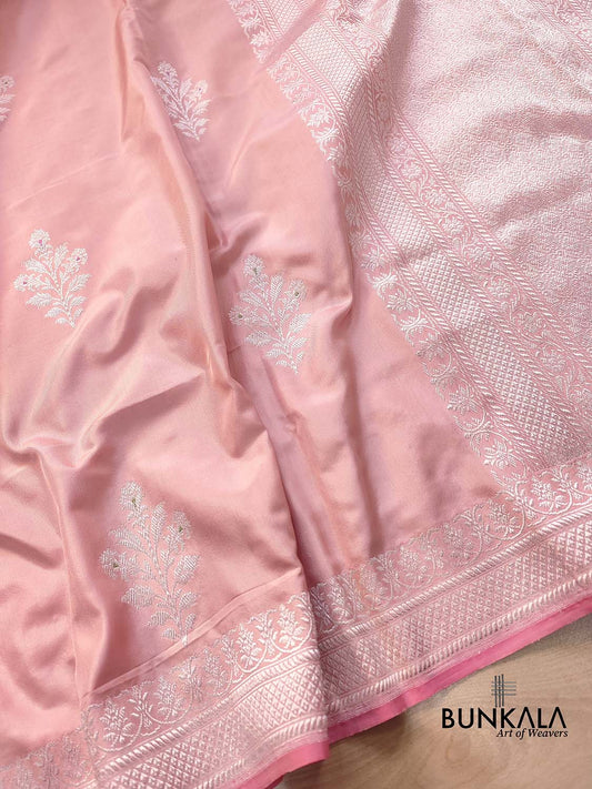 Pastel Peach Pink Pure Katan Silk Allover Silver Zari Hand Woven Kadwa Buta Ektara Banarasi Saree