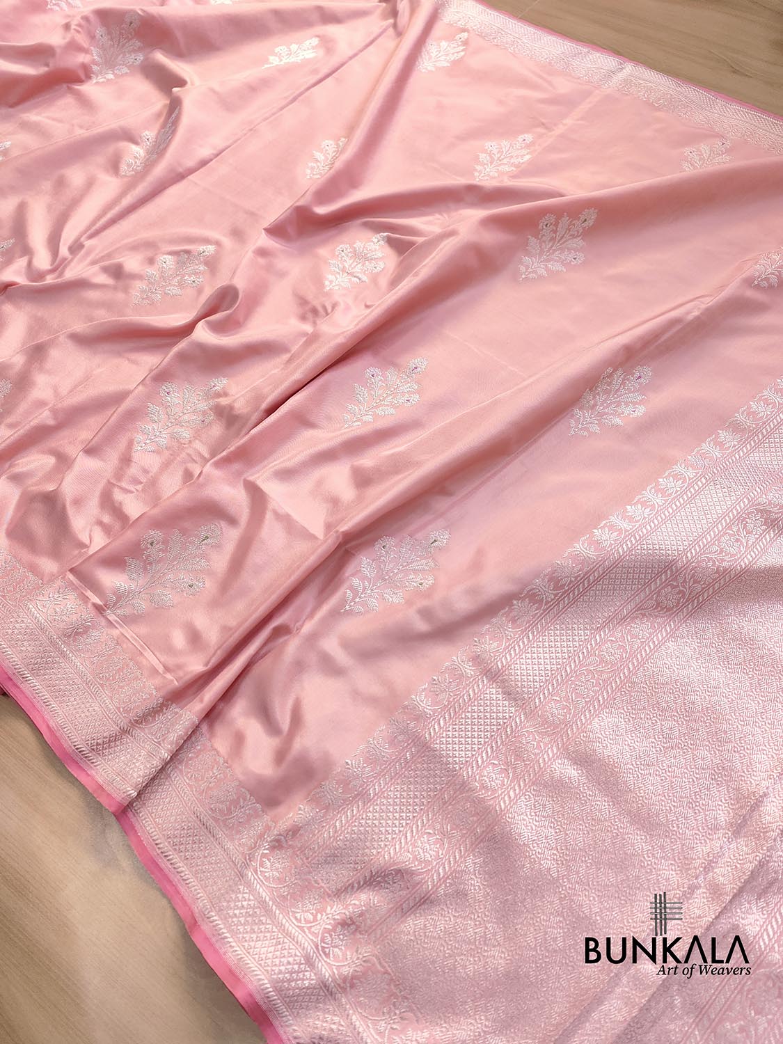 Pastel Peach Pink Pure Katan Silk Allover Silver Zari Hand Woven Kadwa Buta Ektara Banarasi Saree