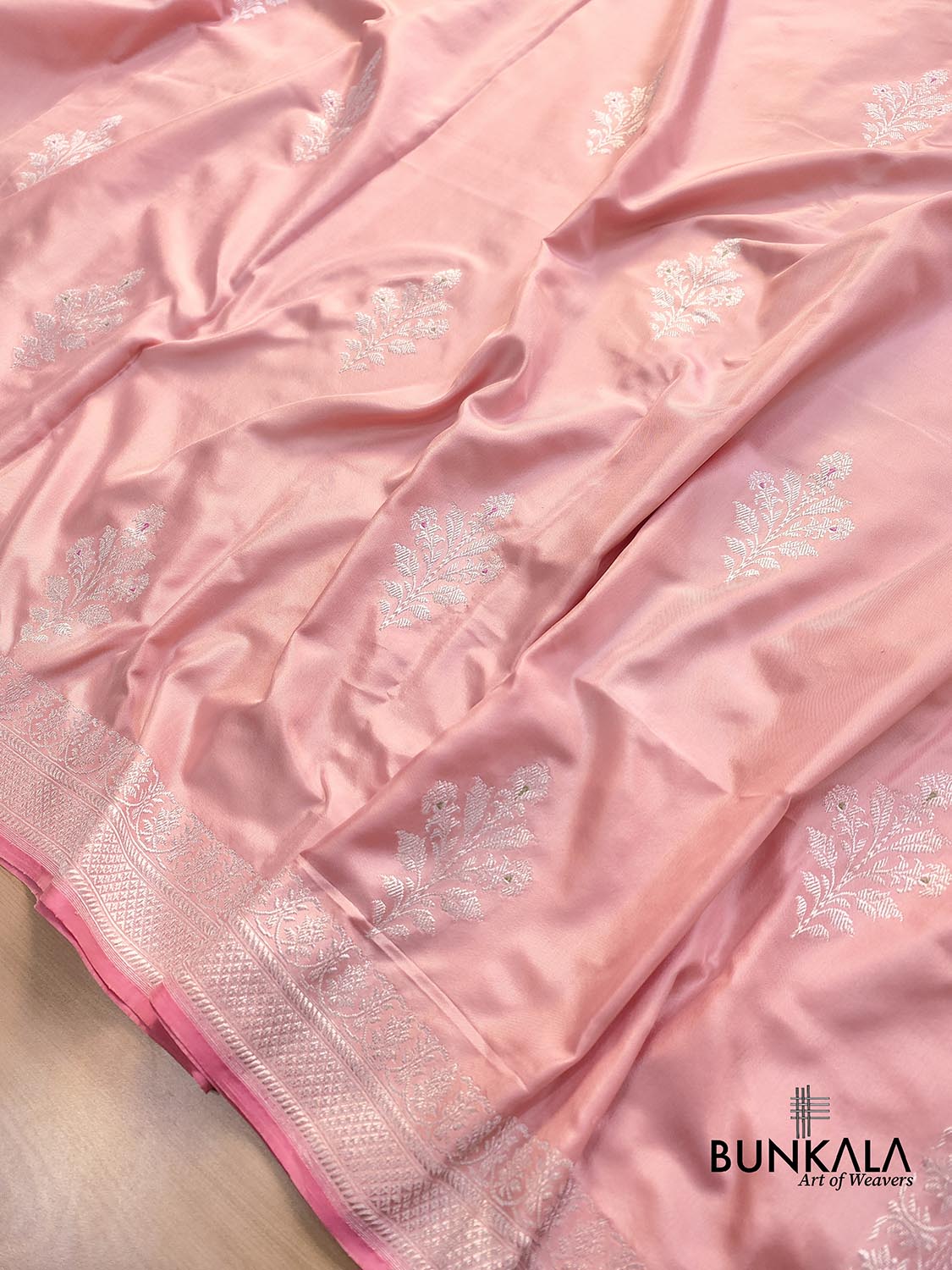 Pastel Peach Pink Pure Katan Silk Allover Silver Zari Hand Woven Kadwa Buta Ektara Banarasi Saree