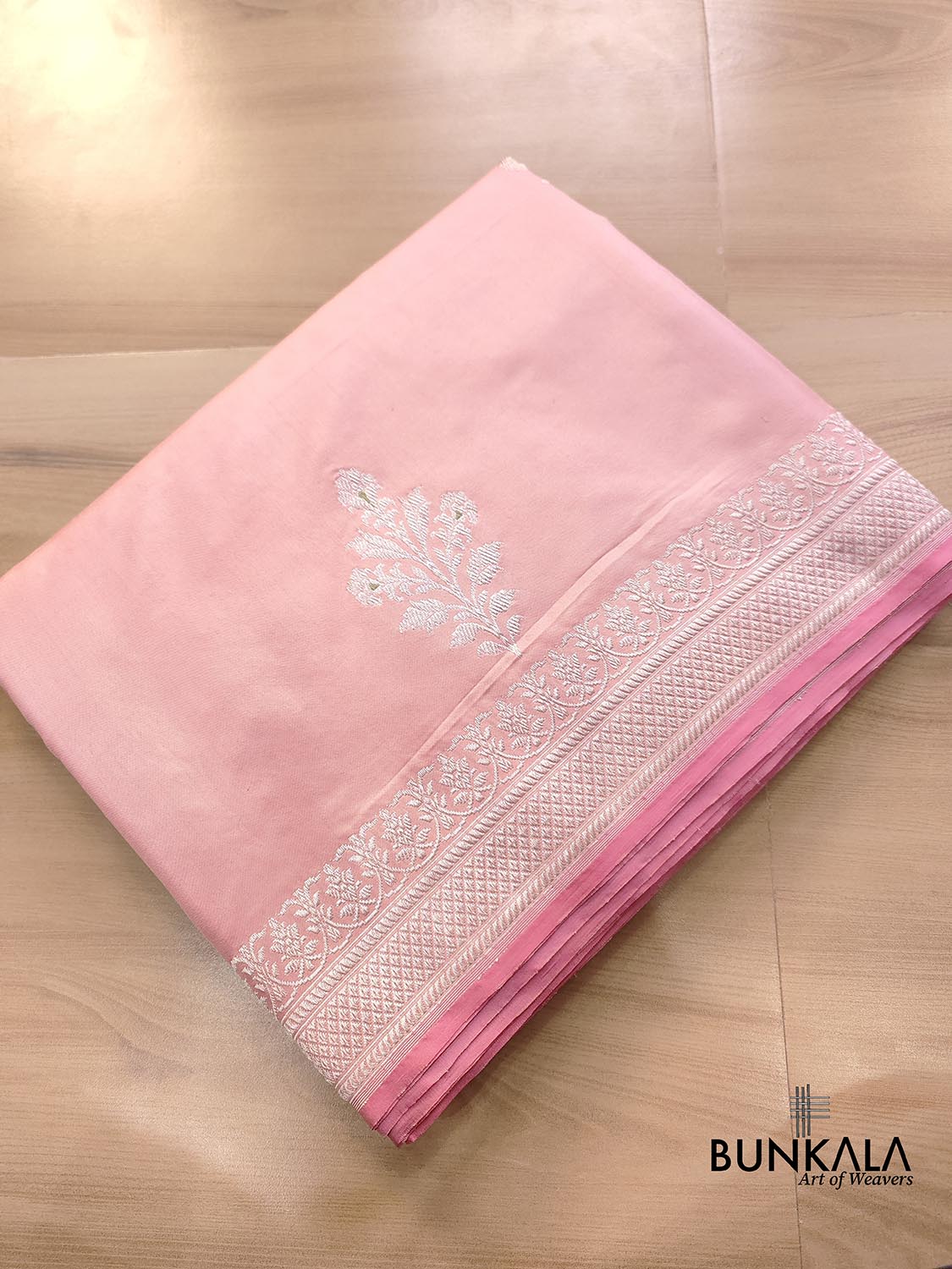 Pastel Peach Pink Pure Katan Silk Allover Silver Zari Hand Woven Kadwa Buta Ektara Banarasi Saree