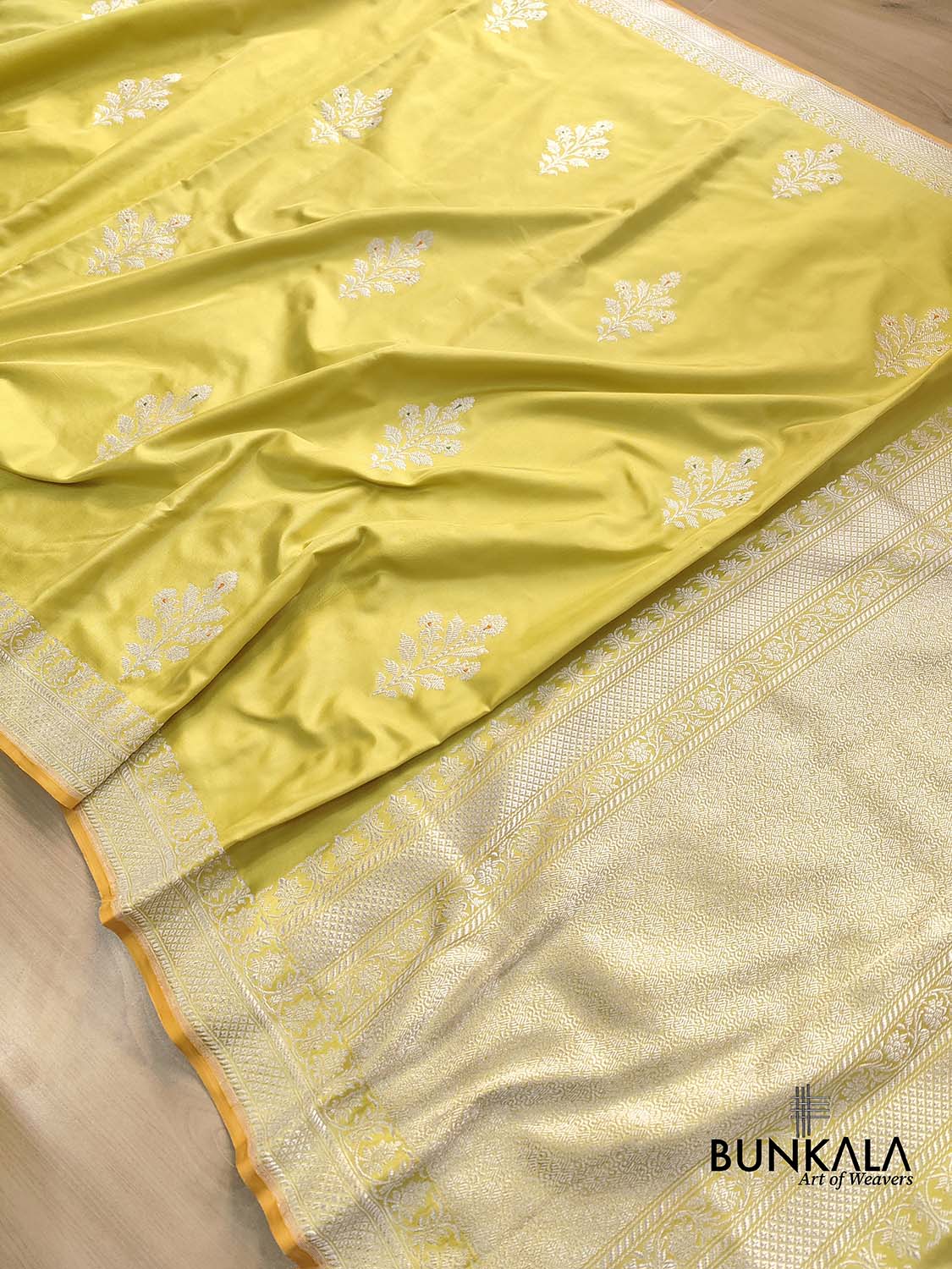 Yellow Greenish Pure Katan Silk Allover Silver Zari Hand Woven Kadwa Buta Ektara Banarasi Saree