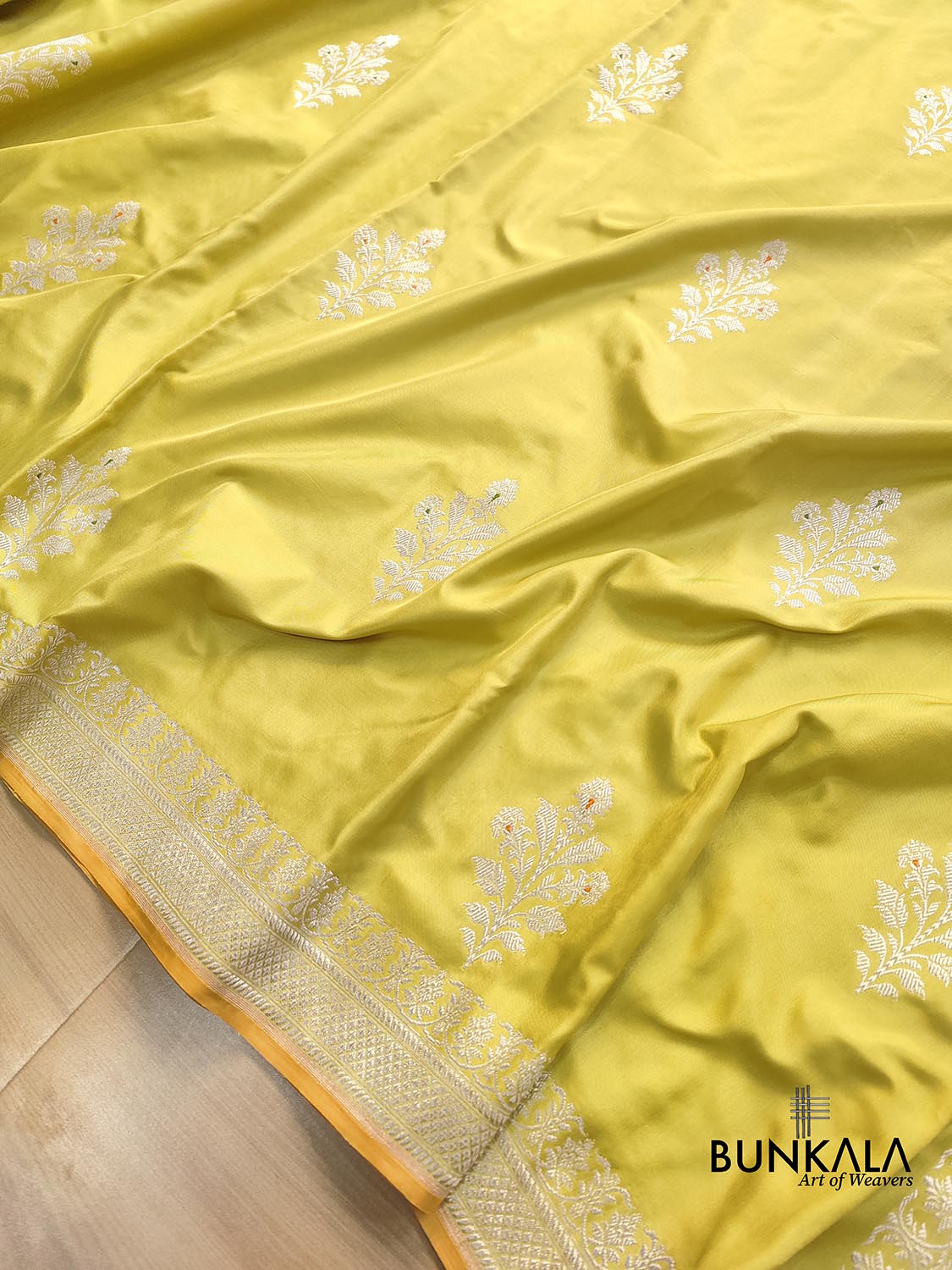 Yellow Greenish Pure Katan Silk Allover Silver Zari Hand Woven Kadwa Buta Ektara Banarasi Saree