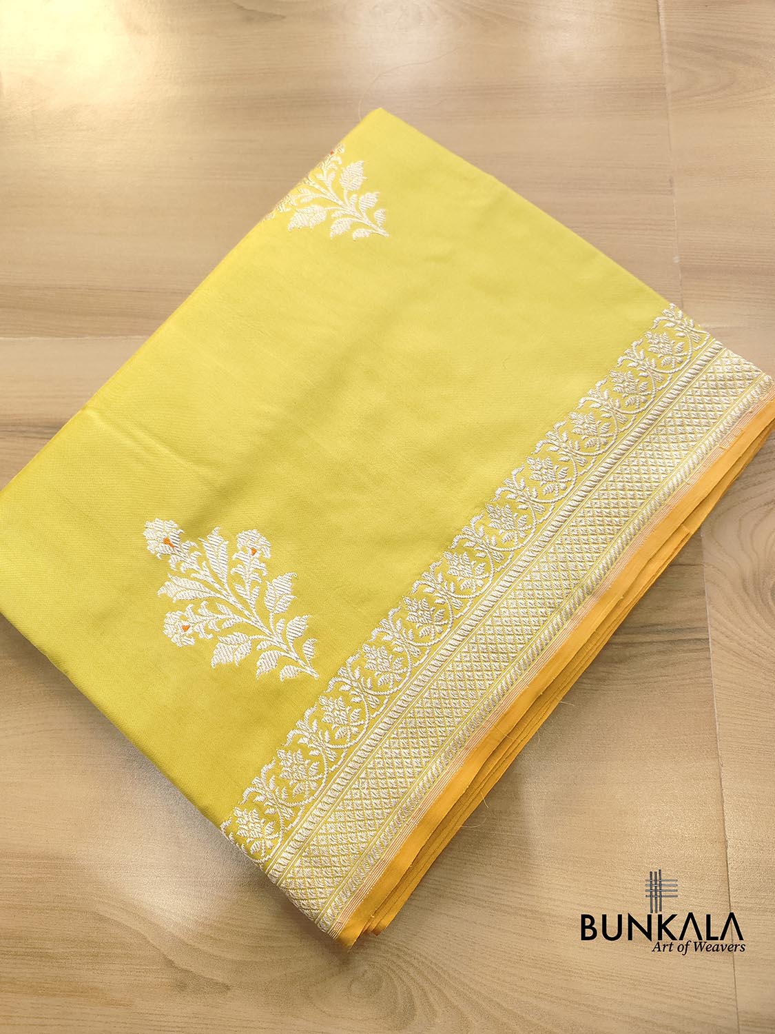 Yellow Greenish Pure Katan Silk Allover Silver Zari Hand Woven Kadwa Buta Ektara Banarasi Saree