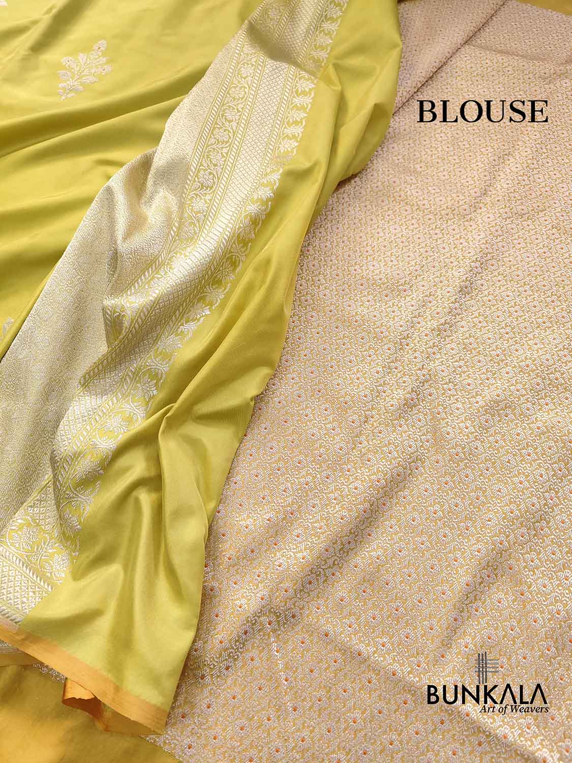 Yellow Greenish Pure Katan Silk Allover Silver Zari Hand Woven Kadwa Buta Ektara Banarasi Saree