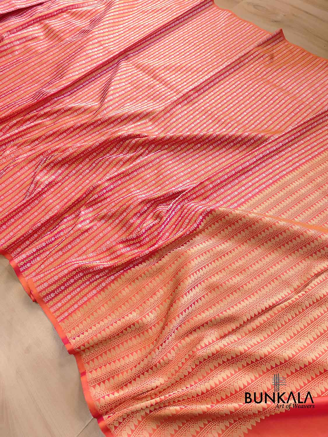 Pink Double Shade Pure Katan Silk Sona Rupa Stripe Design Double Tana Handloom Banarasi Saree