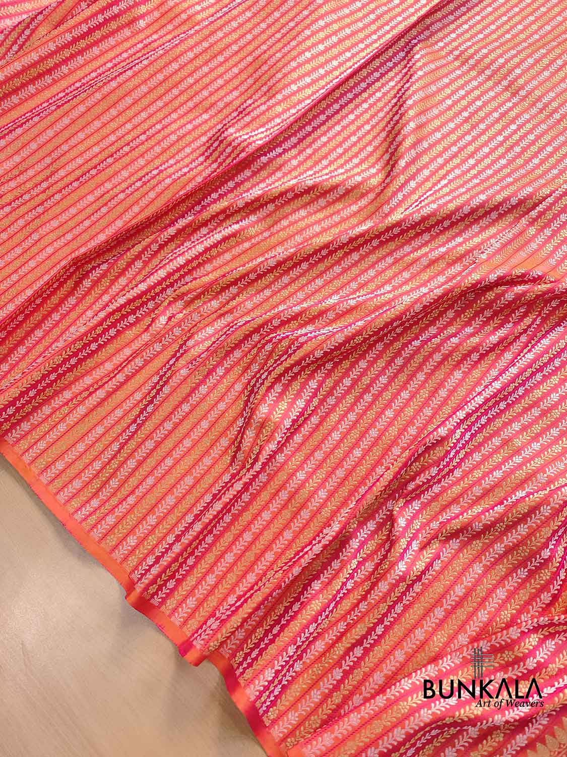 Pink Double Shade Pure Katan Silk Sona Rupa Stripe Design Double Tana Handloom Banarasi Saree