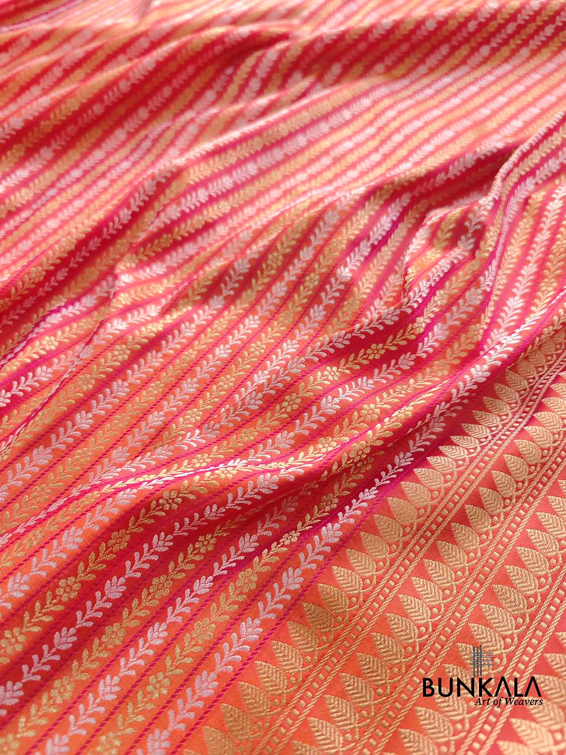 Pink Double Shade Pure Katan Silk Sona Rupa Stripe Design Double Tana Handloom Banarasi Saree