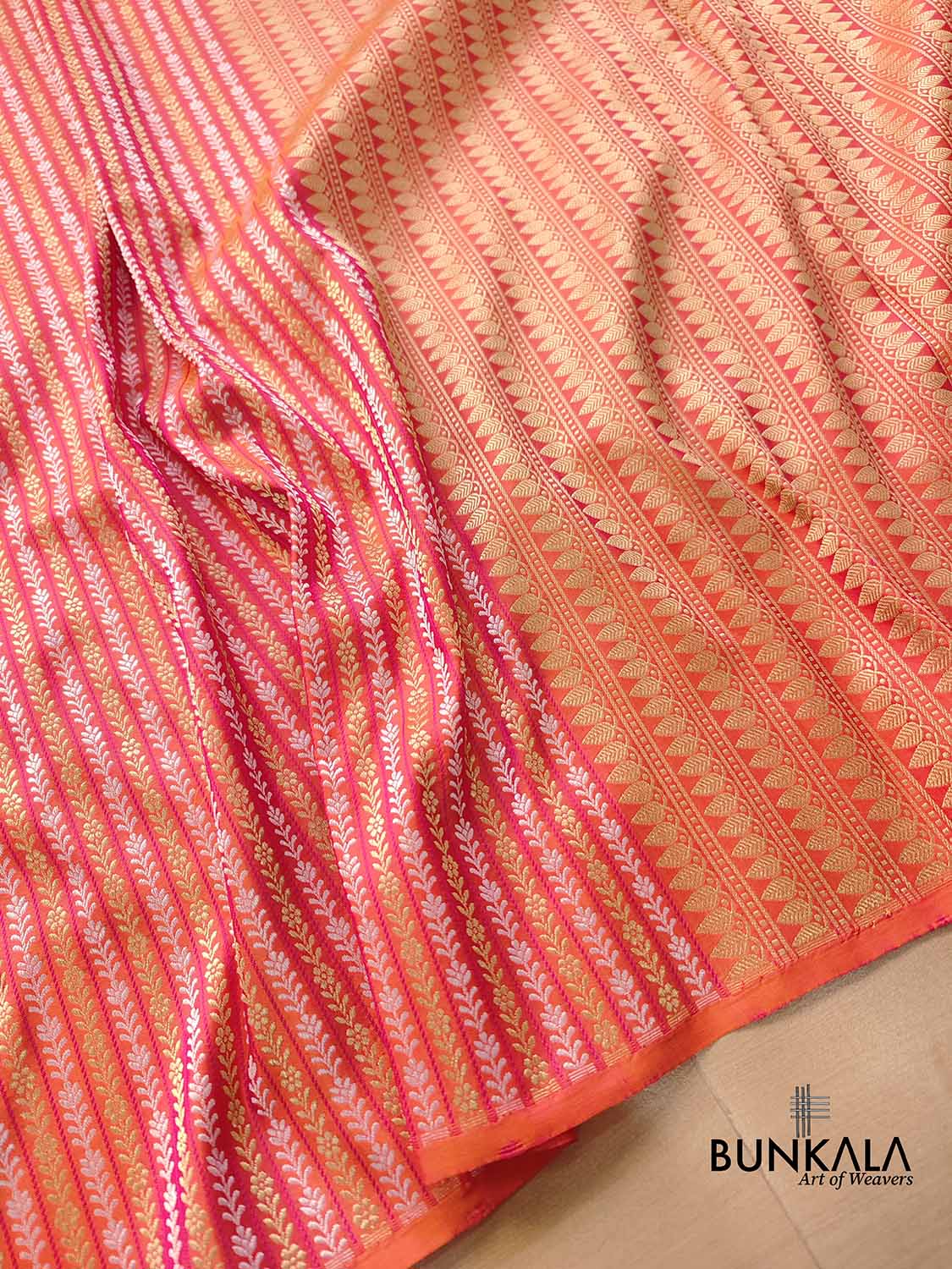 Pink Double Shade Pure Katan Silk Sona Rupa Stripe Design Double Tana Handloom Banarasi Saree