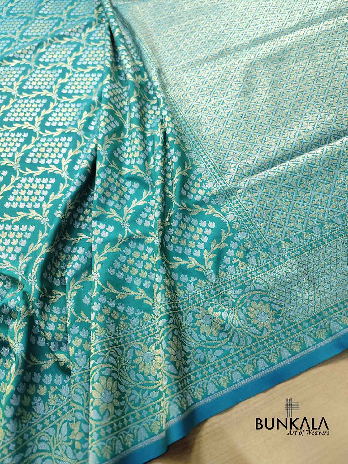 Peacock Blue Jangla Banarasi Silk Saree