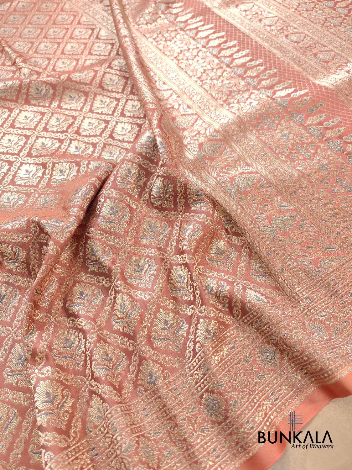 Glimmering Peach Meenakari Mashru Silk Banarasi Saree