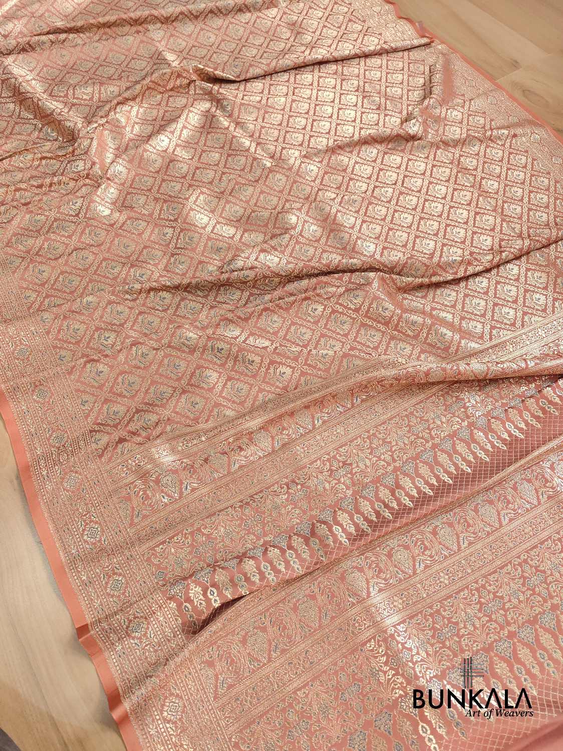 Glimmering Peach Meenakari Mashru Silk Banarasi Saree