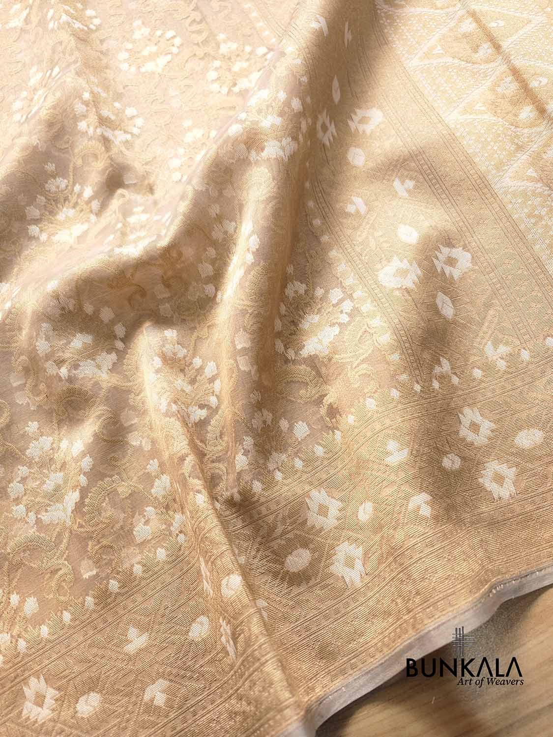 Golden Tissue Silk Floral Buta Jaal Design Resham Handweaved Banarasi Saree